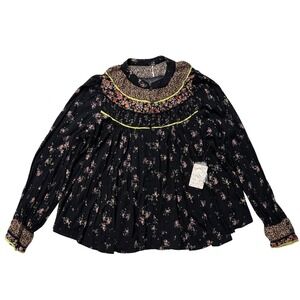 Free People Black Floral Print Peasant Blouse Size L Long Sleeve Button Front